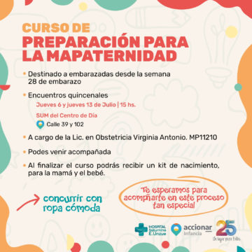 La Municipalidad invita a las próximas jornadas del Curso de Preparación para la Mapaternidad, destinado a embarazadas desde la semana 28