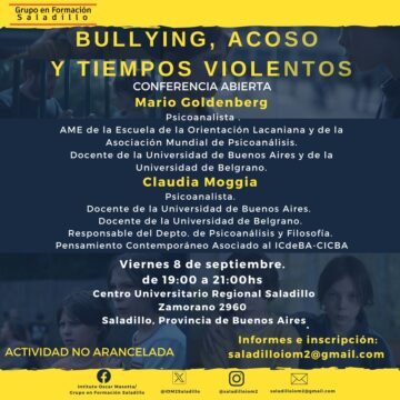 ” Bullying, acoso y tiempos violentos “, el 8 de septiembre, en Saladillo