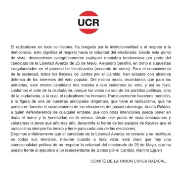 La UCR de 25 de Mayo le pide a Serafini que se “retracte” tras los dichos sobre “supuestas irregularidades”